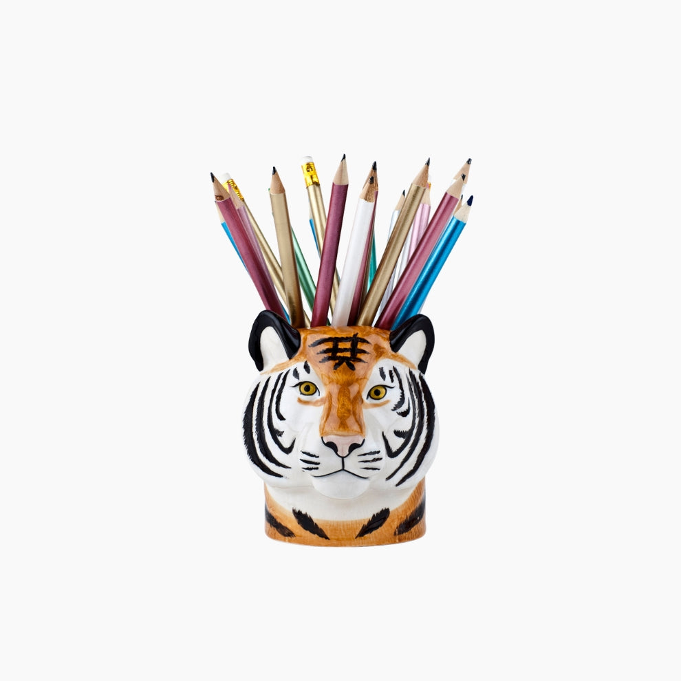 Tiger-shaped pencil holder with colorful pencils