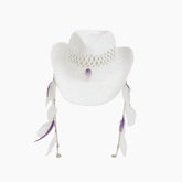 White straw hat with feathers chains