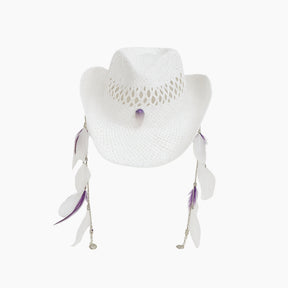 White straw hat with feathers chains