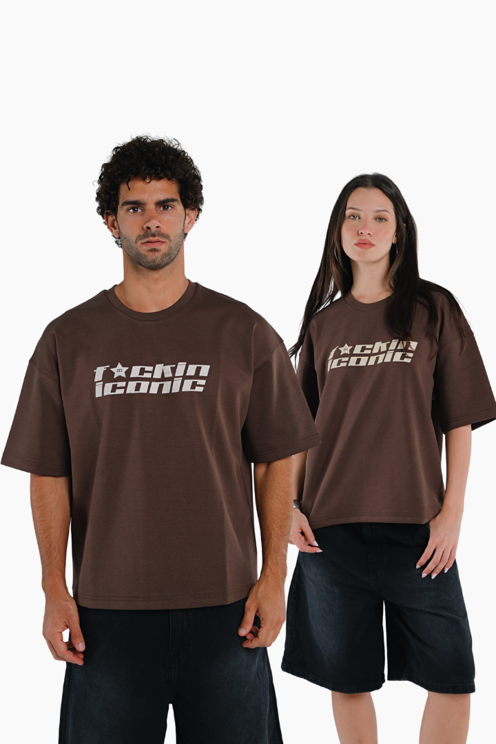 Two people wearing brown t-shirts with 'Iconic' logo 