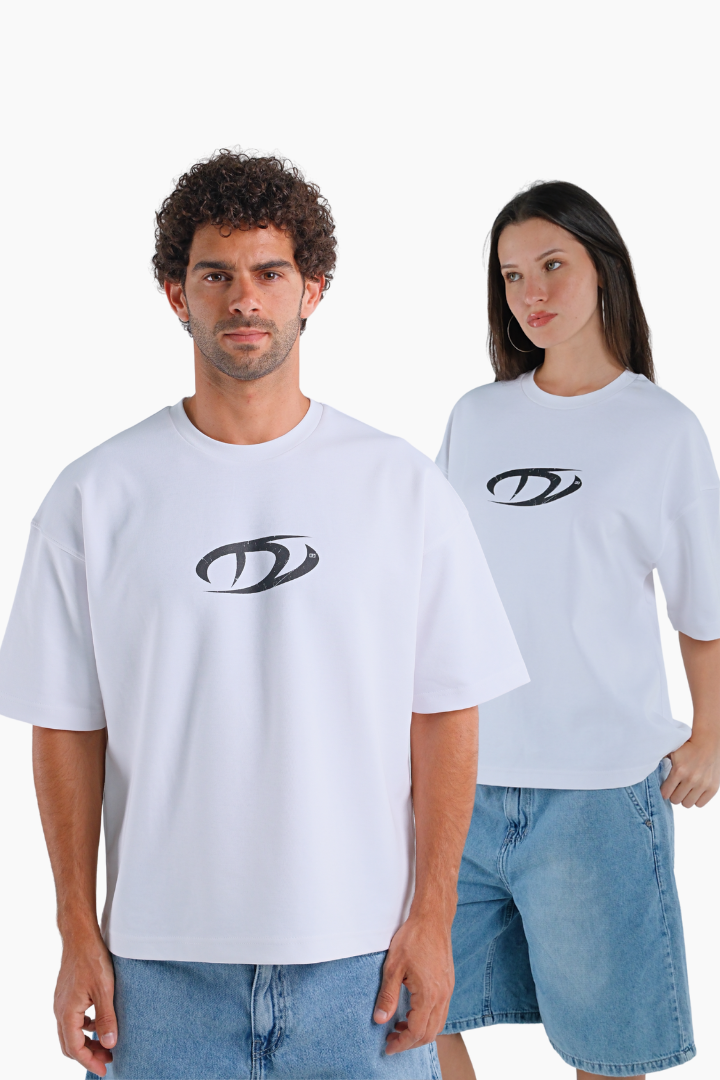 Two people wearing white t-shirts 