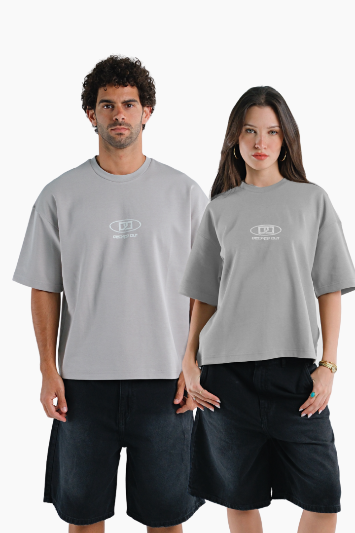 Two people wearing matching gray t-shirts