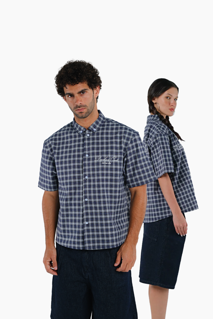 Two people wearing matching blue and white checkered shirts 
