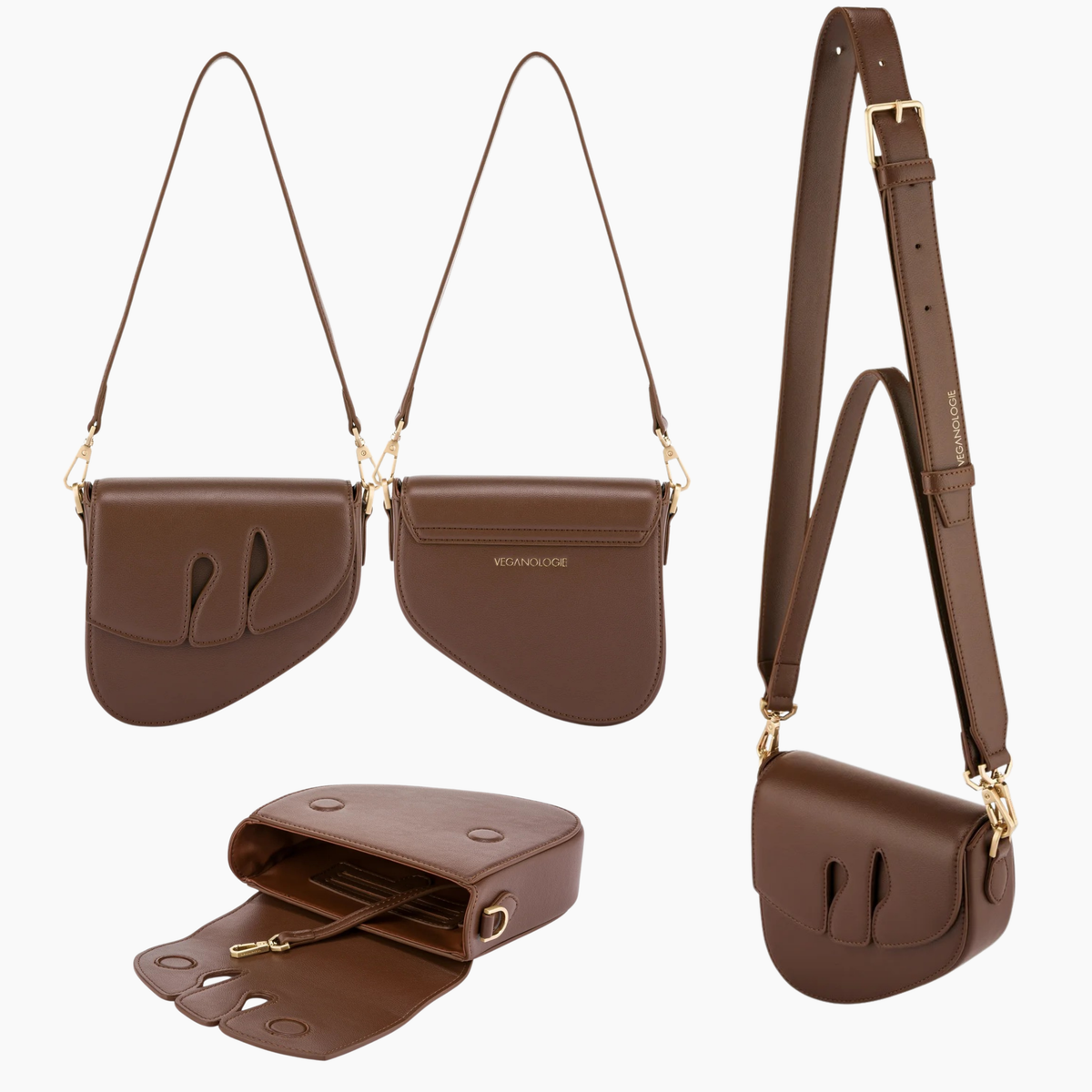 Brown handbag with gold accents on a white background