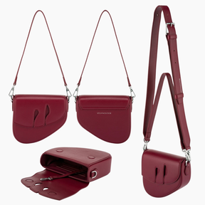 Red handbag with multiple angles on a white background