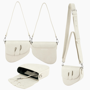 Set of cream-colored handbags with various straps on a white background