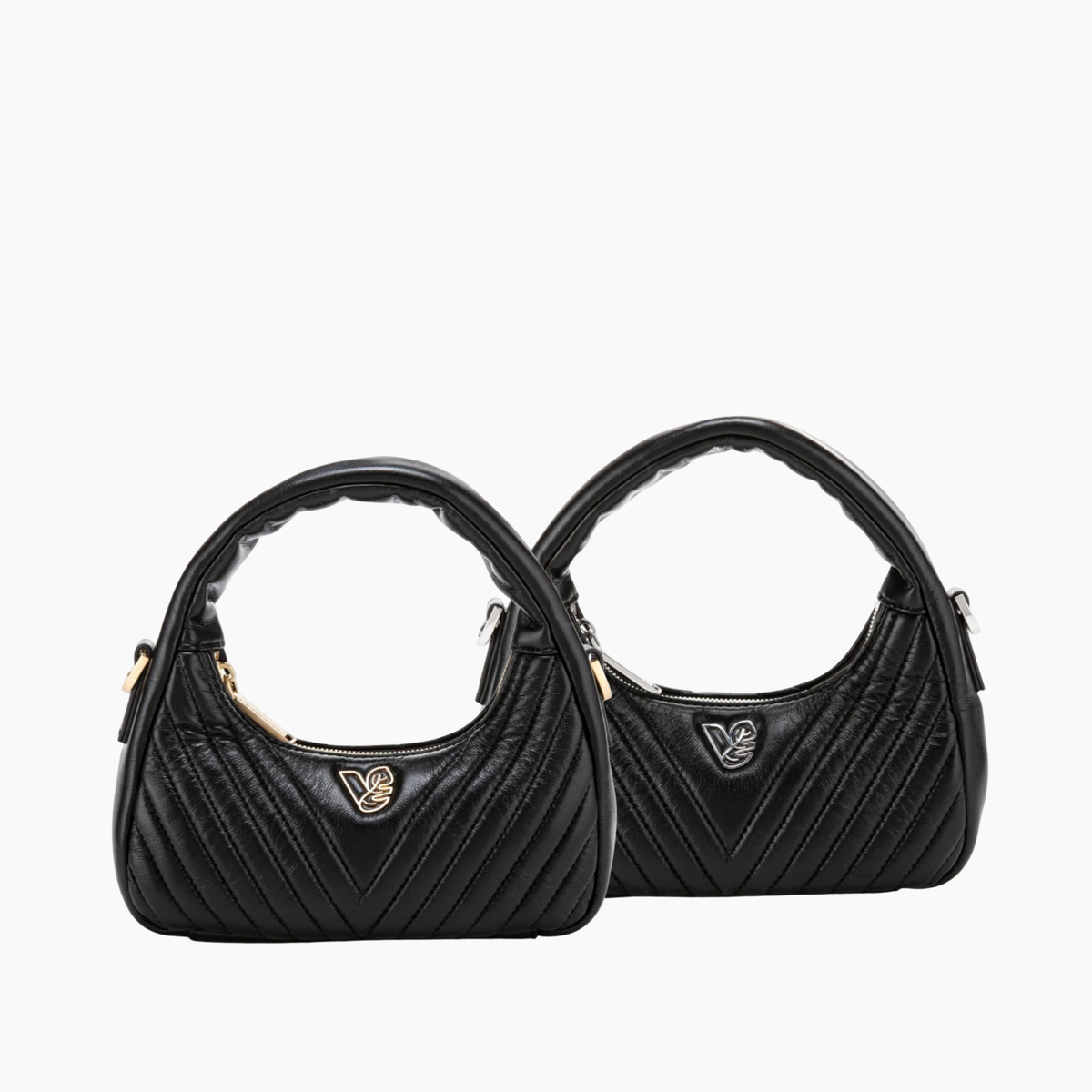 Two black handbags with a gold logo on a white background