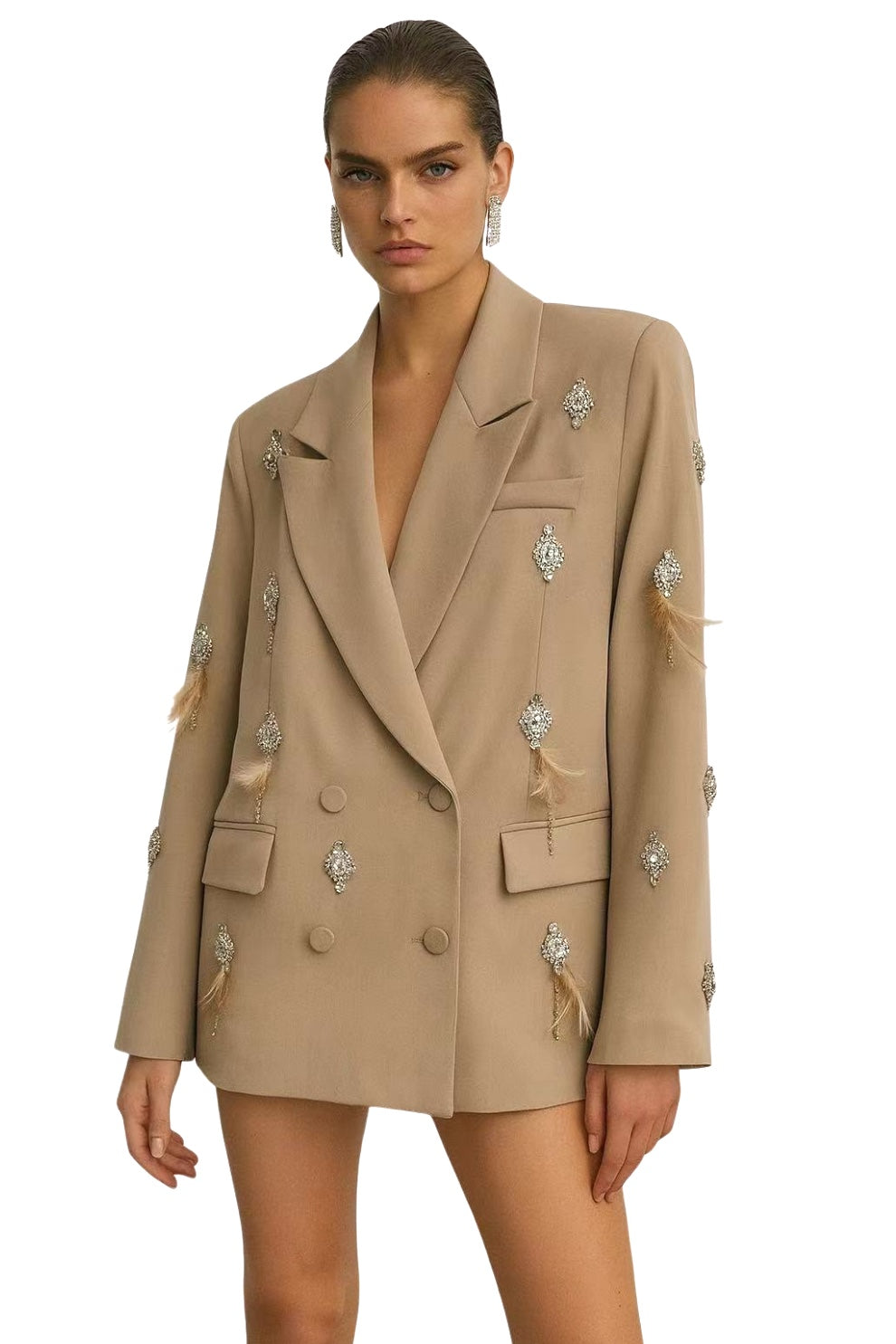 Woman wearing a beige blazer with decorative buttons 