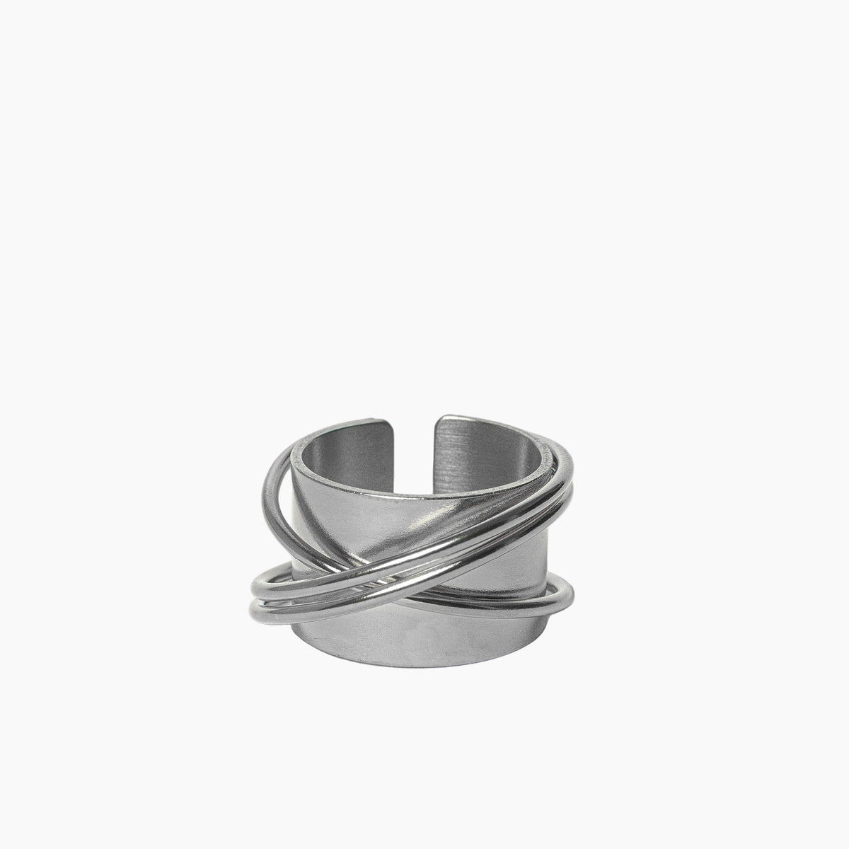Silver ring with a twisted design on a white background