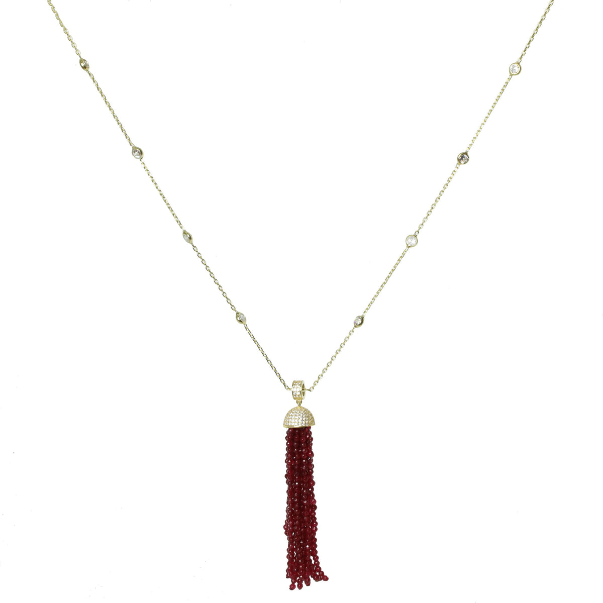 Vintage Long Crystal Necklace with Natural Red Agate Beads Tassel