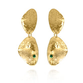 Vintage Shapeless Martelee Earrings with One Green Stone