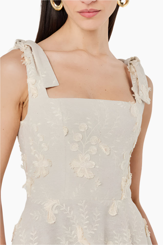Woman wearing a beige lace dress Fitted corset-like ankle-length dress with adjustable straps, a flared skirt, and a middle back zipper.