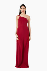 Woman wearing a red one-shoulder gown