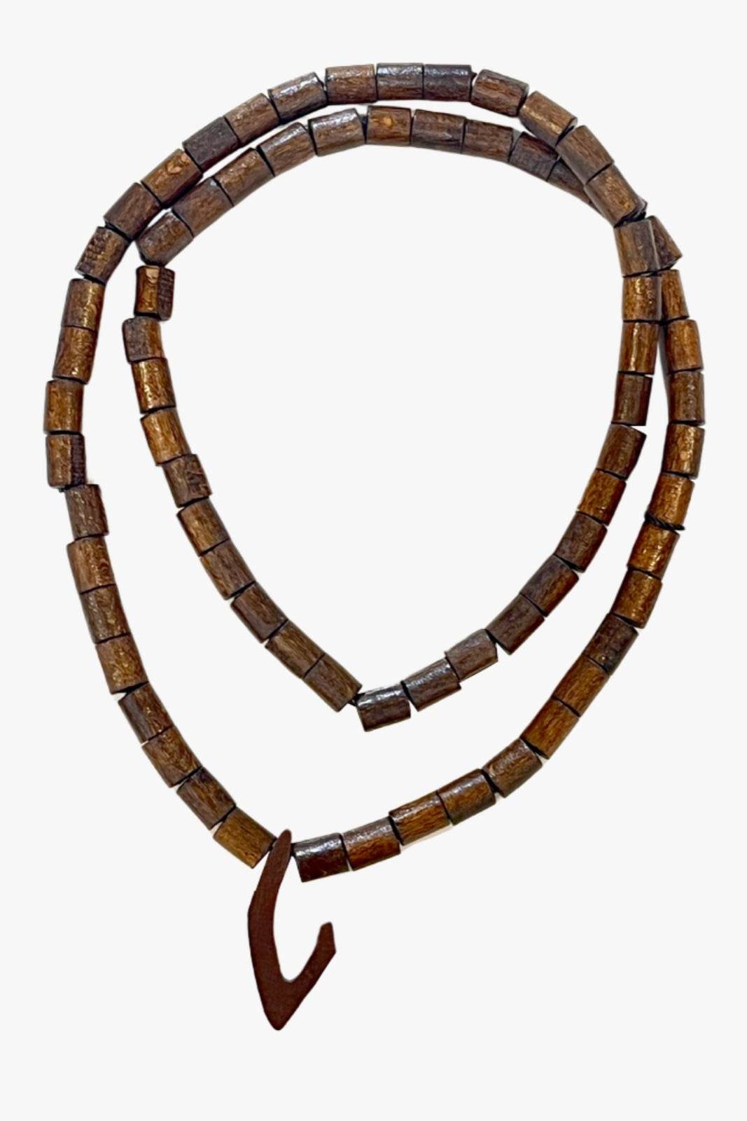 Wooden beaded necklace with a hook clasp on a white background