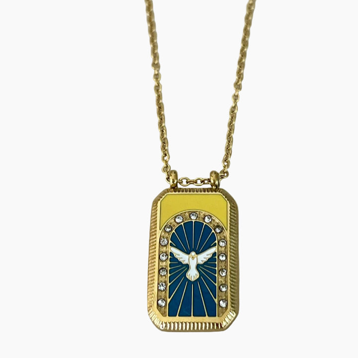 Gold necklace with a rectangular pendant featuring a dove design on a white background