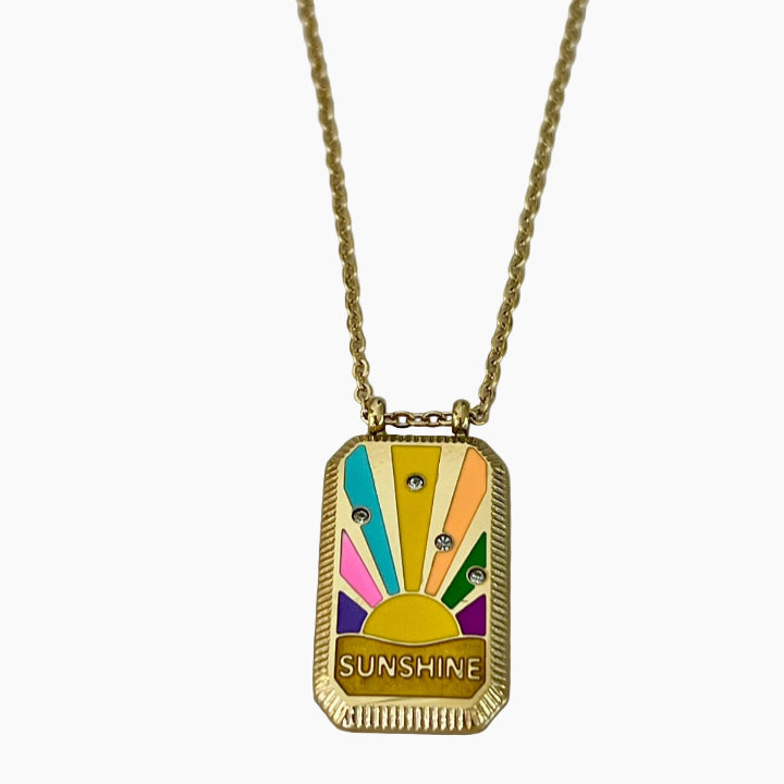Necklace with a colorful pendant labeled 'Sunshine' on a white background