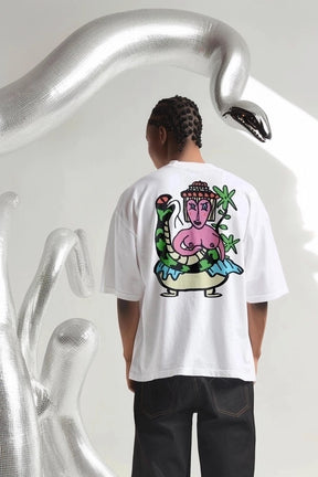 Person wearing a white t-shirt with a colorful graphic design on the back, White Printed T-shirt(Sahmeran)