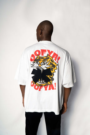 Person wearing a white t-shirt with a colorful graphic design on the back, White Printed T-shirt(Tiger)