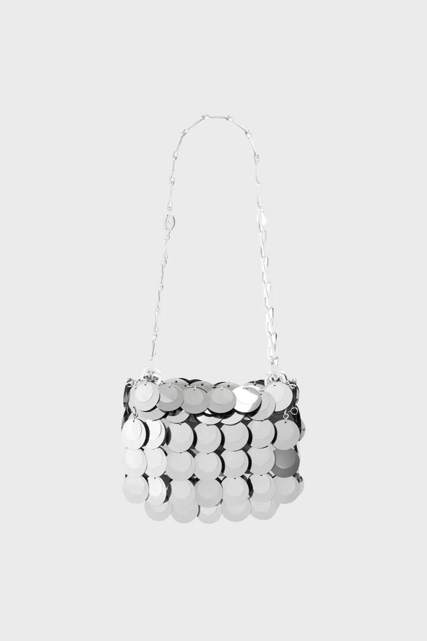 Silver beaded handbag on a white background