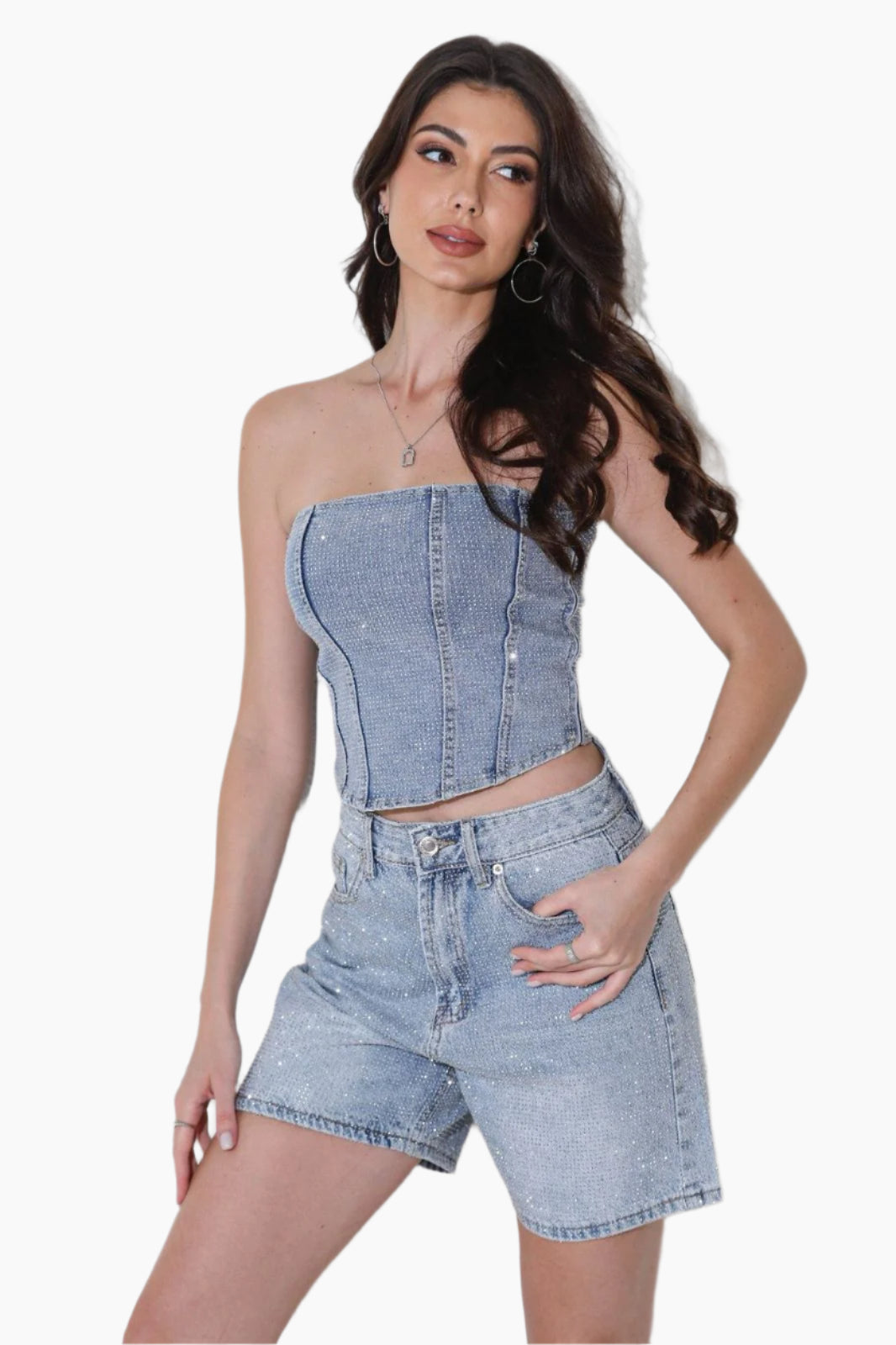 Woman wearing a denim strapless top and shorts