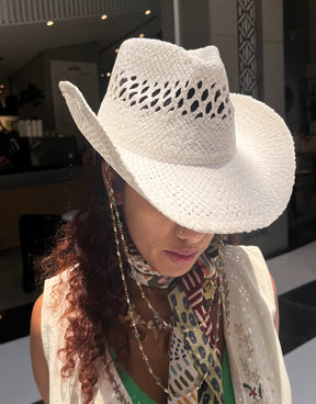 White straw hat with devil eye chains