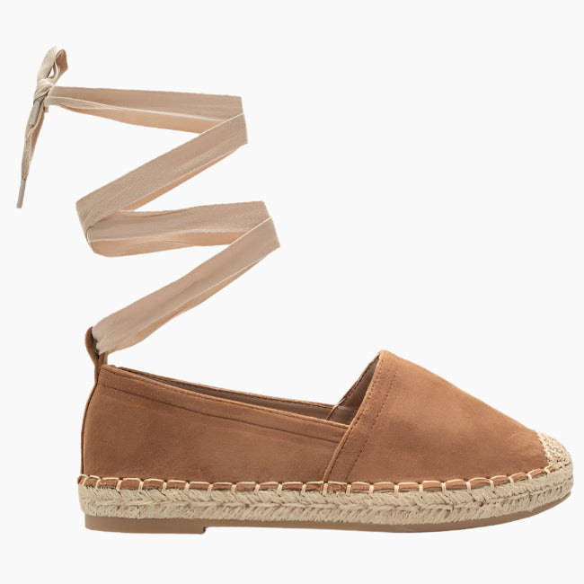 Tan espadrille shoe with wrap-around strap 