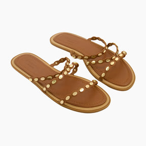 Pair of brown sandals with gold embellishments