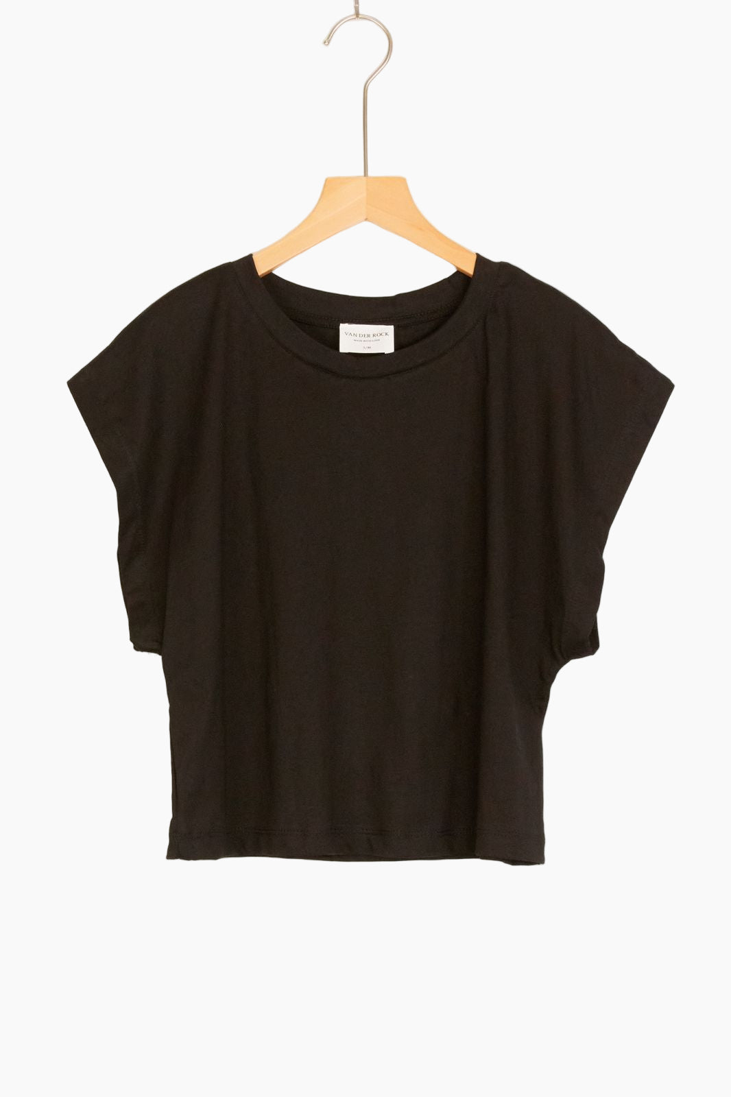 Black t-shirt on a wooden hanger 