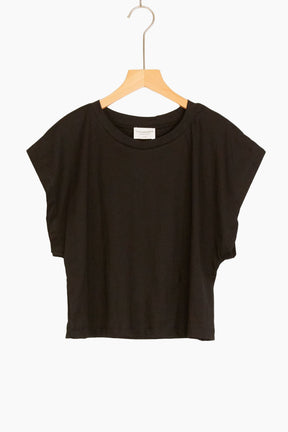 Black t-shirt on a wooden hanger 
