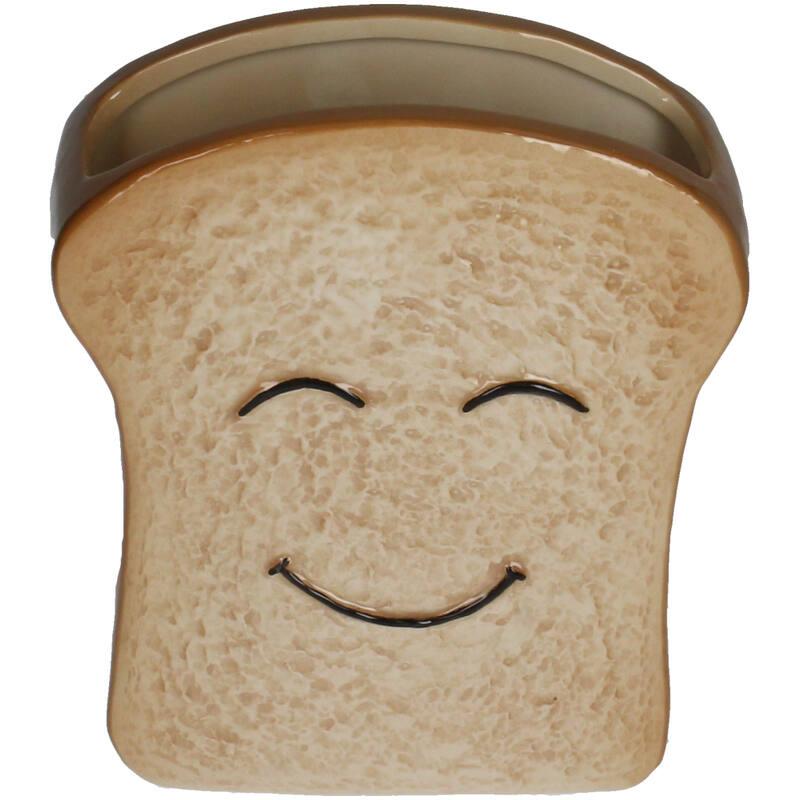 Ceramic toast-shaped container with a smiley face on a white background