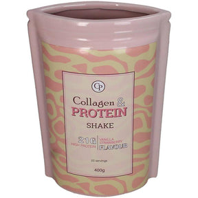 A 400g container of Collagen & Protein Shake in Vanilla Strawberry flavor, featuring a pink and cream patterned label with a central white text panel.
