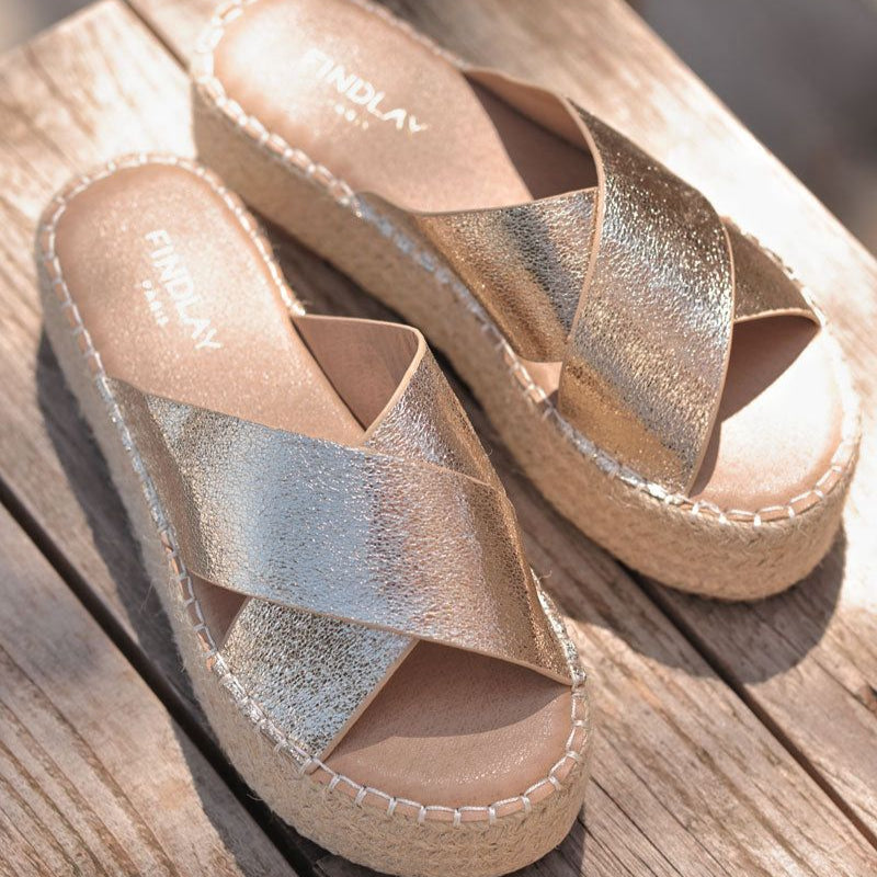 Pair of gold sandals with criss-cross straps on a wooden surface