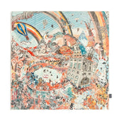 A square scarf featuring a highly detailed, whimsical, and colorful surrealist illustration. The design includes a striped hot air balloon, a large gray building, mountains, and various abstract elements in a dense, hand-drawn style.
