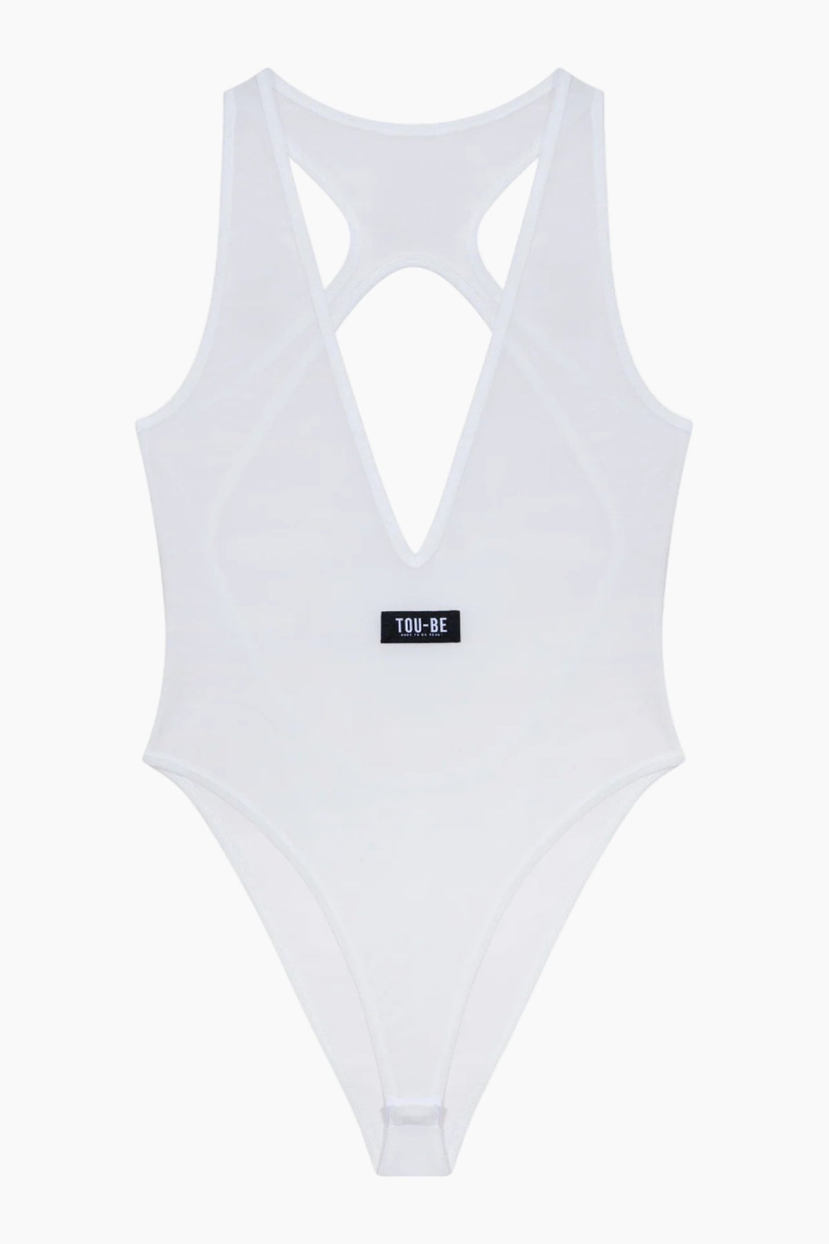 White swimsuit with a small logo on a white background