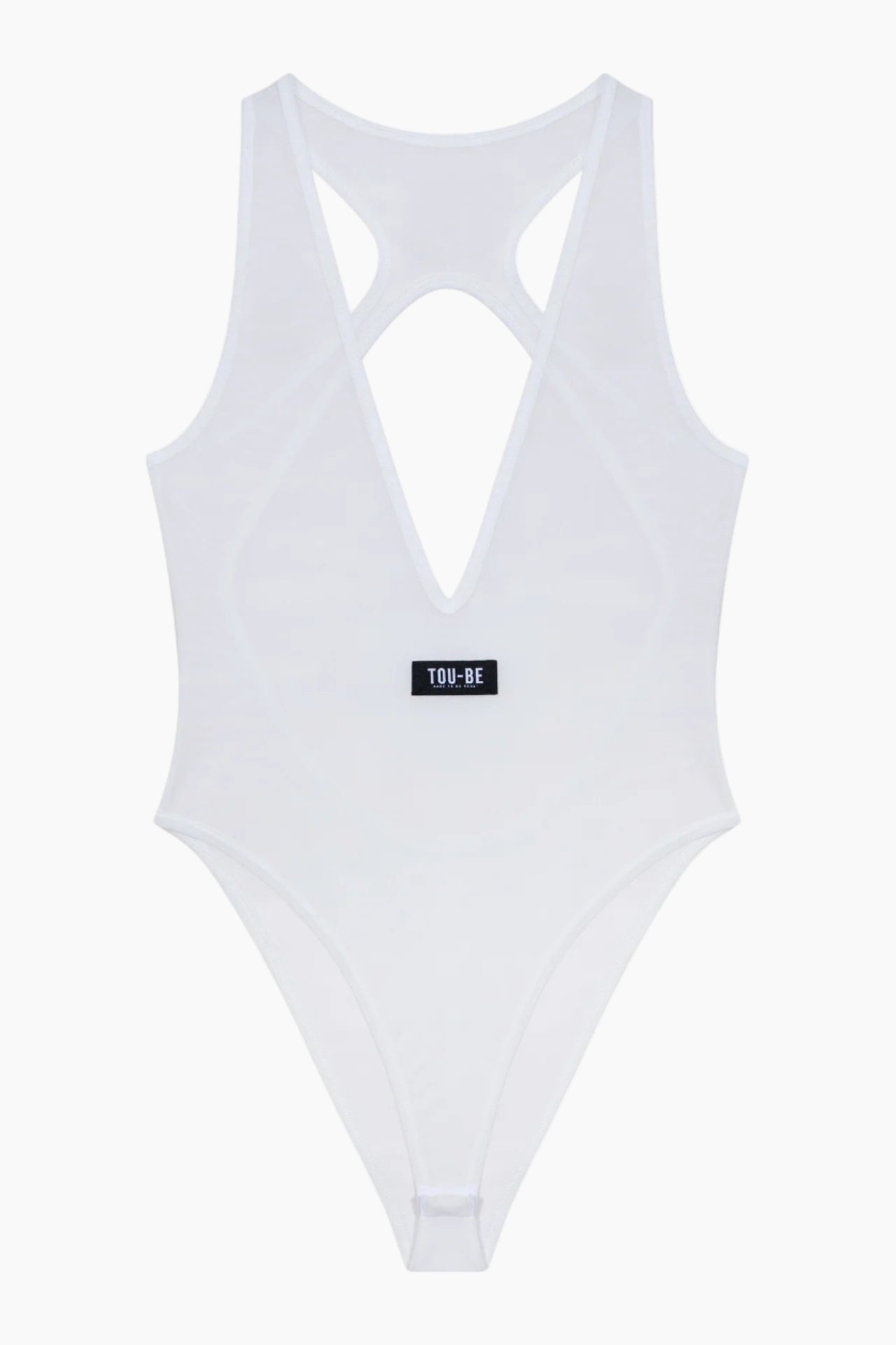 White swimsuit with a small logo on a white background