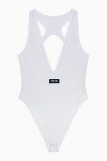 White swimsuit with a small logo on a white background