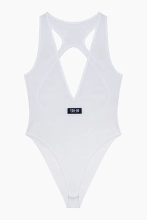 White swimsuit with a small logo on a white background