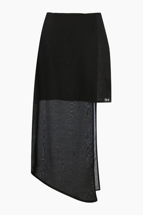 Black asymmetrical Mid-length voile skirt in double layers.