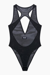 Black swimsuit with open back design 