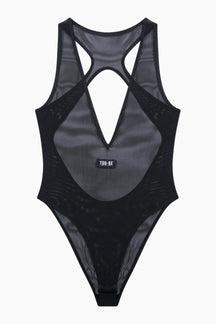 Black swimsuit with open back design 