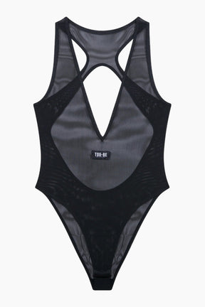 Black swimsuit with open back design 