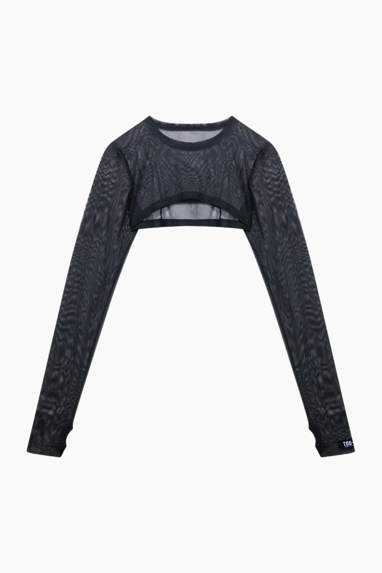 Black long-sleeve crop top with sheer mesh panels 