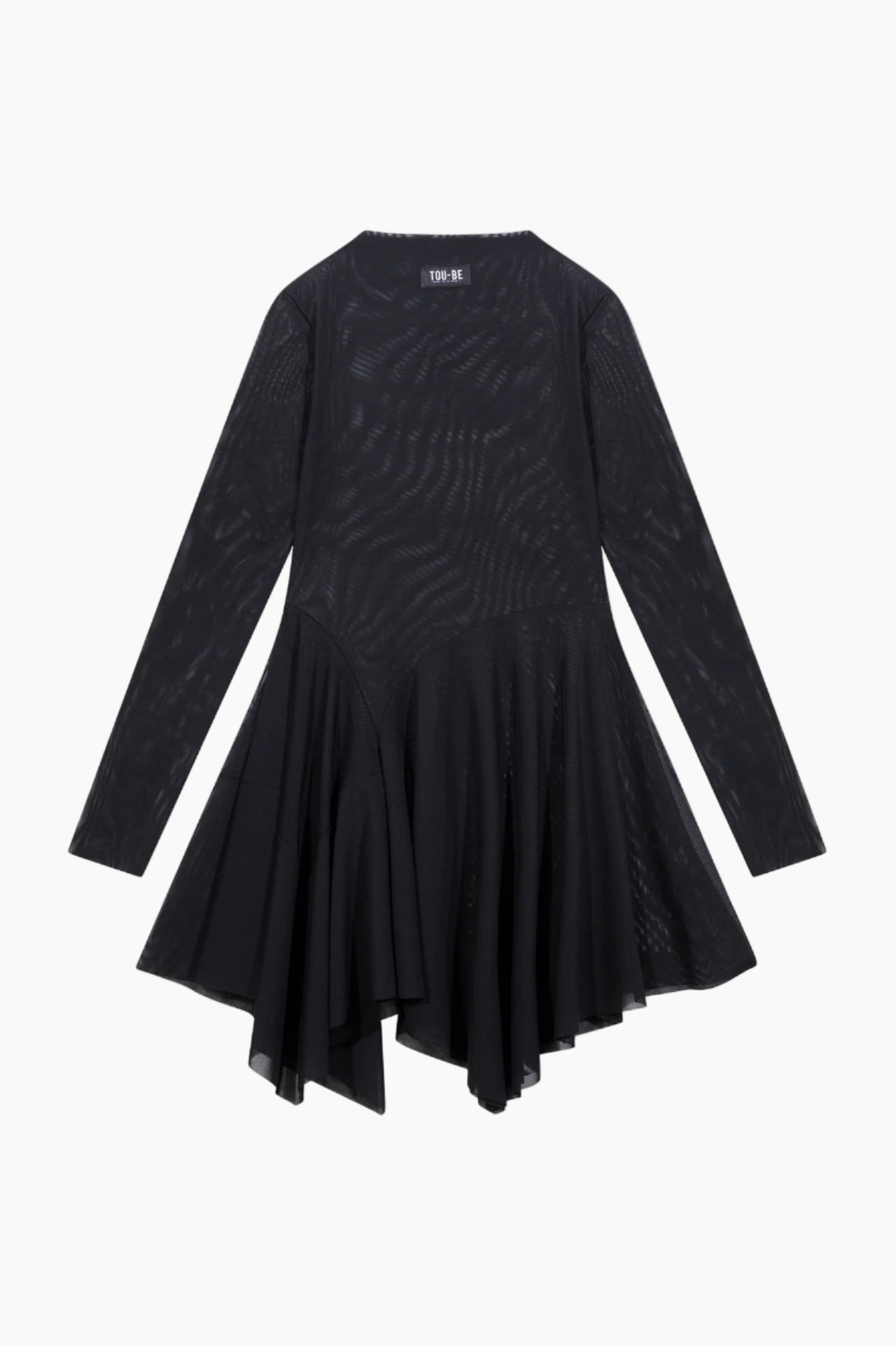 black Turtleneck full mesh dress with an asymmetrical skirt cut.
