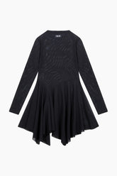black Turtleneck full mesh dress with an asymmetrical skirt cut.