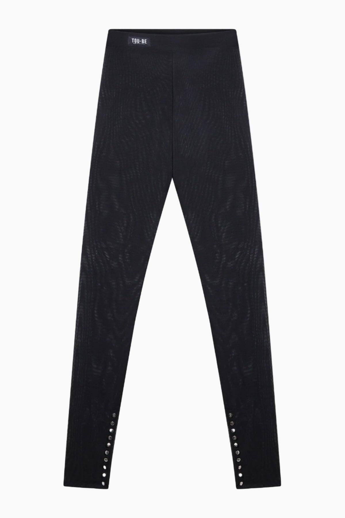  black Mesh leggings with metal buttons at the ankle.