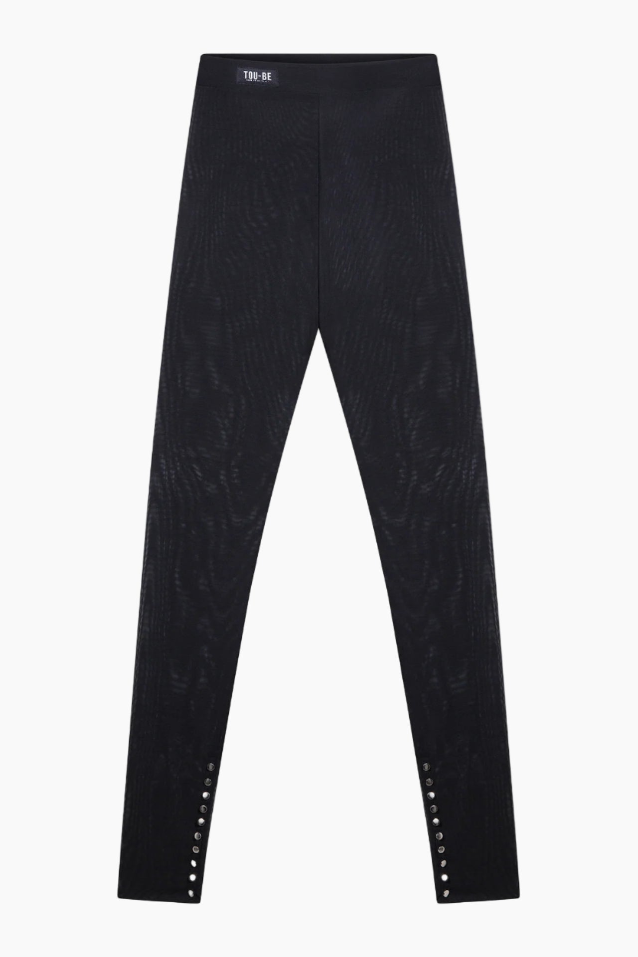  black Mesh leggings with metal buttons at the ankle.