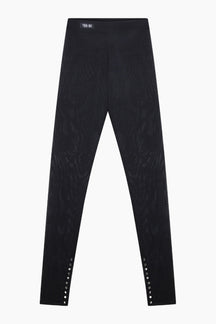  black Mesh leggings with metal buttons at the ankle.