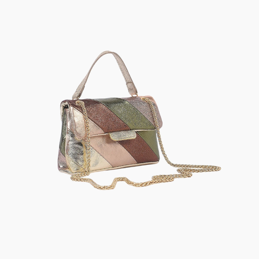 Multicolored patchwork handbag with a chain strap on a white background
