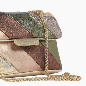 Multicolored patchwork handbag with a gold chain 