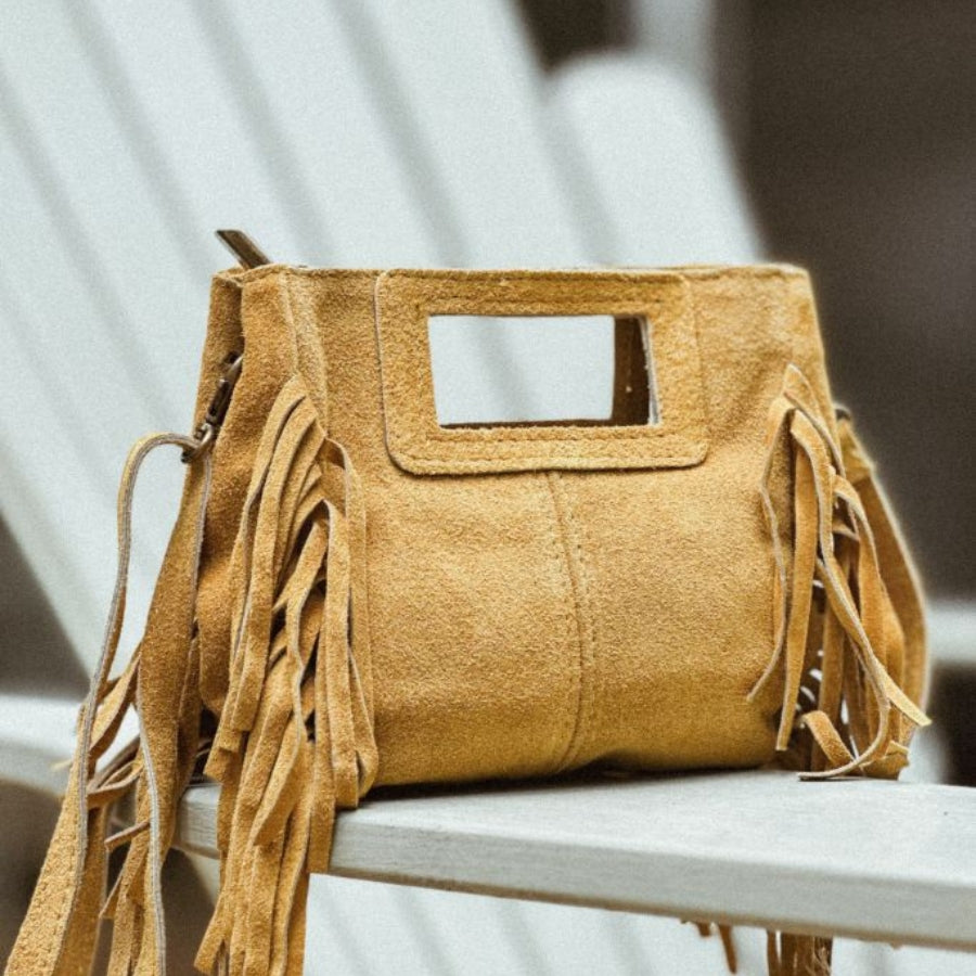 Brown suede handbag with fringe details 